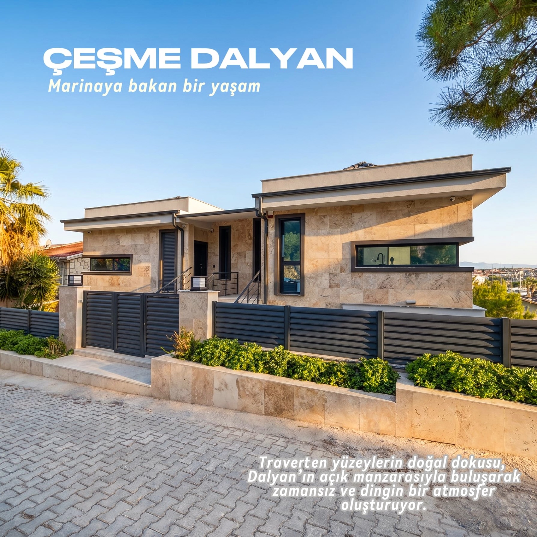 Çeşme Dalyan paylaşımında traverten cepheli konut